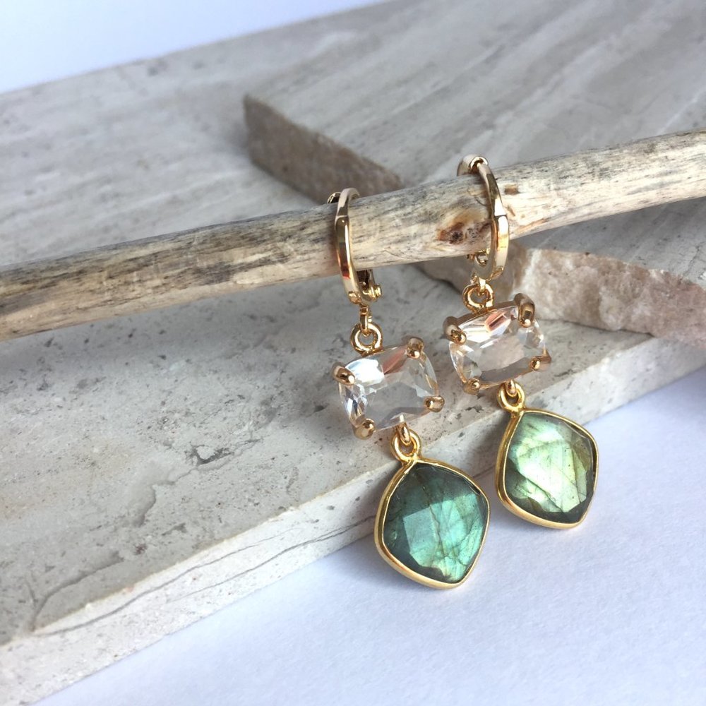 Crystal Labradorite dangle droplet huggie Earrings